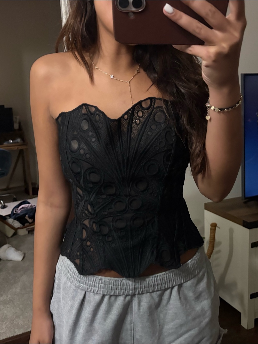 Thrifted Strapless Black Lace Corset going out Top